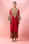 Buy_Debyani + CO_Red Embroidery, Sequins, Beads, Tassels Notched Meena Pitta Work Kurta With Pant _Online_at_Aza_Fashions