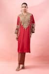 Shop_Debyani + CO_Red Embroidery, Sequins, Beads, Tassels Notched Meena Pitta Work Kurta With Pant _Online_at_Aza_Fashions
