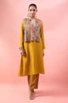 Shop_Debyani + CO_Yellow Sequins, Embroidery, Patchwork Round Neck Crushed Kurta Set With Bib Top _Online_at_Aza_Fashions