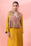 Debyani + CO_Yellow Sequins, Embroidery, Patchwork Round Neck Crushed Kurta Set With Bib Top _at_Aza_Fashions