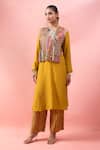 Buy_Debyani + CO_Yellow Sequins, Embroidery, Patchwork Round Neck Crushed Kurta Set With Bib Top 