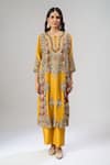 Debyani + CO_Yellow Georgette Embroidery, Zari Round Neck Kurta And Pant Set _Online_at_Aza_Fashions