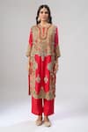 Debyani + CO_Red Georgette Embroidery, Sequins, Stones Round Neck Kurta And Pant Set _Online_at_Aza_Fashions