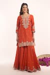 Surbhi Shah_Orange Embroidery, Zari, Tassels Round Neck Kurta Sharara Set _Online_at_Aza_Fashions