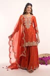 Buy_Surbhi Shah_Orange Embroidery, Zari, Tassels Round Neck Kurta Sharara Set _at_Aza_Fashions
