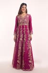 Surbhi Shah_Magenta Embroidery, Zari Split V-neck Tijara Bagh Anarkali With Pant _Online_at_Aza_Fashions