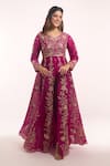 Buy_Surbhi Shah_Magenta Embroidery, Zari Split V-neck Tijara Bagh Anarkali With Pant _at_Aza_Fashions