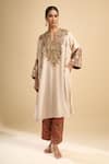 Buy_Debyani + CO_Beige Embroidery, Beads, Stones Split V-neck Meena Kurta With Pant _at_Aza_Fashions