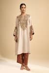 Buy_Debyani + CO_Beige Embroidery, Beads, Stones Split V-neck Meena Kurta With Pant _Online_at_Aza_Fashions