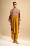 Debyani + CO_Yellow Silk Embroidery, Sequins, Beads Split V-neck Kurta With Pant _Online_at_Aza_Fashions