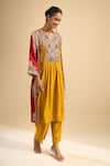 Buy_Debyani + CO_Yellow Silk Embroidery, Sequins, Beads Split V-neck Kurta With Pant _Online_at_Aza_Fashions