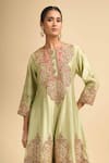 Debyani + CO_Green Silk Embroidery, Sequins, Stones Round Neck Hand Kurta And Dhoti Pant Set _Online_at_Aza_Fashions