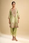 Shop_Debyani + CO_Green Silk Embroidery, Sequins, Stones Round Neck Hand Kurta And Dhoti Pant Set _Online_at_Aza_Fashions