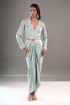 Buy_Anamika Khanna_Blue Sequins, Stones, Embroidery V-neck Crop Jacket And Draped Skirt Set _at_Aza_Fashions
