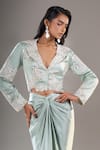Anamika Khanna_Blue Sequins, Stones, Embroidery V-neck Crop Jacket And Draped Skirt Set _at_Aza_Fashions