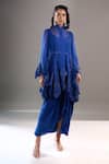 Buy_Anamika Khanna_Blue Mandarin Collar, Round Neck Tonal Embroidered Cape Draped Skirt Set _at_Aza_Fashions