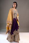 Buy_Anamika Khanna_Mustard Embroidery, Sequins, Stones Open Neck, Scoop Cape And Draped Sharara Set _Online_at_Aza_Fashions