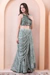 Isha Regalia_Green Georgette, Net Mirrors, Embroidery Printed Pre-draped Saree With Blouse _Online_at_Aza_Fashions