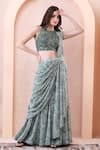 Shop_Isha Regalia_Green Georgette, Net Mirrors, Embroidery Printed Pre-draped Saree With Blouse _Online_at_Aza_Fashions