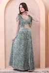 Buy_Isha Regalia_Green Net, Georgette Mirrors, Beads Open Neck, Printed Pleated Skirt Set _at_Aza_Fashions