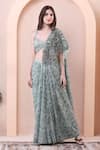 Buy_Isha Regalia_Green Georgette, Net Mirrors, Beads, Printed Pre-draped Saree With Blouse _at_Aza_Fashions