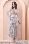 Shop_Isha Regalia_Pink Georgette Sweetheart , Open Floral Print Cape Draped Skirt Set _Online_at_Aza_Fashions