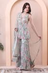 Isha Regalia_Green Georgette, Net Zari, Embroidery, Floral Printed Pleated Kurta Sharara Set _Online_at_Aza_Fashions