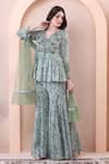 Isha Regalia_Green Georgette, Net Beads, Stones, Printed Peplum Anarkali Sharara Set _Online_at_Aza_Fashions