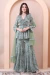 Buy_Isha Regalia_Green Georgette, Net Beads, Stones, Printed Peplum Anarkali Sharara Set _at_Aza_Fashions