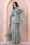 Buy_Isha Regalia_Green Georgette, Net Beads, Stones, Printed Peplum Anarkali Sharara Set _Online_at_Aza_Fashions