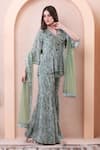 Isha Regalia_Green Georgette, Net Beads, Pearls, Tassels, Printed Draped Angrakha Sharara Set _Online_at_Aza_Fashions