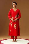 Shop_Arpita Sulakshana_Red Silk Embroidery V-neck Rooh Gulabi Hand Painted Kurta Set _Online_at_Aza_Fashions