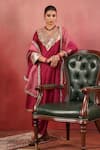 Shop_Anshu Wadhwa_Wine Chanderi Zari, Embroidery V-neck Kurta Set _Online_at_Aza_Fashions