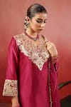 Shop_Anshu Wadhwa_Wine Chanderi Zari, Embroidery V-neck Kurta Set 