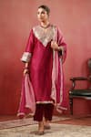 Buy_Anshu Wadhwa_Wine Chanderi Zari, Embroidery V-neck Kurta Set _at_Aza_Fashions