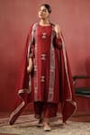 Buy_Anshu Wadhwa_Maroon Chanderi Embroidery, Mirrors, Piping Round , Keyhole Kurta Set _Online_at_Aza_Fashions
