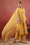 Anshu Wadhwa_Mustard Chanderi Embroidery, Zari, Tassels V-neck Kurta Pant Set _Online_at_Aza_Fashions