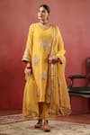 Buy_Anshu Wadhwa_Mustard Chanderi Embroidery, Zari, Tassels V-neck Kurta Pant Set _Online_at_Aza_Fashions