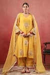 Buy_Anshu Wadhwa_Mustard Chanderi Embroidery, Zari, Tassels V-neck Kurta Pant Set _at_Aza_Fashions