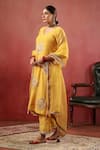 Shop_Anshu Wadhwa_Mustard Chanderi Embroidery, Zari, Tassels V-neck Kurta Pant Set _Online_at_Aza_Fashions