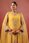 Buy_Anshu Wadhwa_Mustard Chanderi Embroidery, Zari, Tassels V-neck Kurta Pant Set 