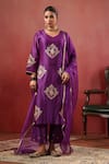 Buy_Anshu Wadhwa_Purple Chanderi Embroidery, Metallic Thread, Stones V-neck Kurta Set _at_Aza_Fashions