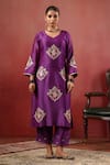 Buy_Anshu Wadhwa_Purple Chanderi Embroidery, Metallic Thread, Stones V-neck Kurta Set 