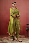 Anshu Wadhwa_Green Chanderi Embroidery V-neck Kurta Set _at_Aza_Fashions