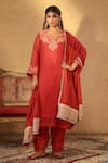 Buy_Anshu Wadhwa_Red Chanderi Embroidery, Zari Round Neck Kurta Set _at_Aza_Fashions