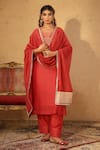 Shop_Anshu Wadhwa_Red Chanderi Embroidery, Zari Round Neck Kurta Set _Online_at_Aza_Fashions