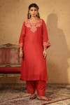 Anshu Wadhwa_Red Chanderi Embroidery, Zari Round Neck Kurta Set _Online