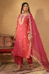 Anshu Wadhwa_Red Tissue, Chanderi Embroidery, Zari Round Neck, Split Kurta Pant Set _Online_at_Aza_Fashions