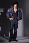 Nikita Mhaisalkar_Purple Georgette Glitter Galaxy Print Sheeted Puffer Jacket _at_Aza_Fashions