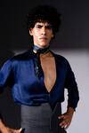 Nikita Mhaisalkar_Blue Suede, Suiting, Silk Satin Houndstooth Pattern Suit Set _at_Aza_Fashions